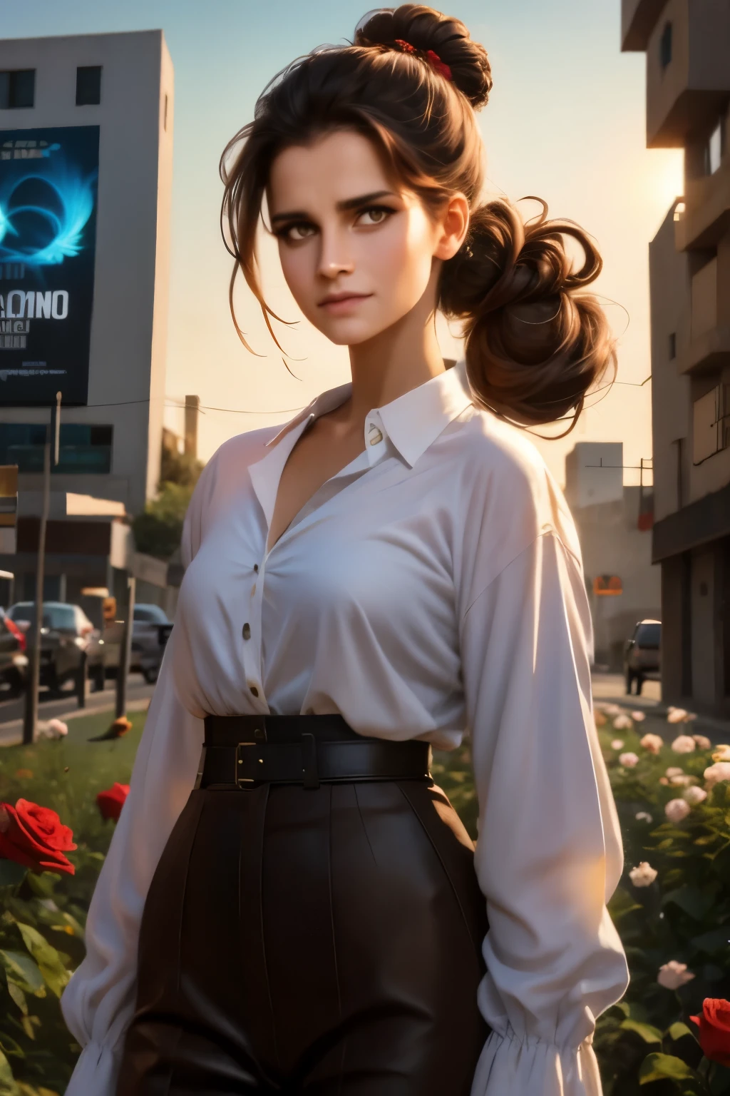 Brown-black hair, black eyes, fair skin, goose egg face, atmospheric facial features, tall, confident and powerful, toned and plump, high school girls, , coiled hair, hair bun, with hairpin, red rose, blue butterfly, white rabbit, billboard, official quality, mysterious, light and shadow, correct proportions, aesthetics, atmosphere, Naif drwa style