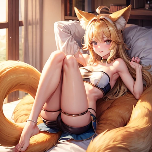 Blonde woman in tube top and hot pants　Fox ears and tail　