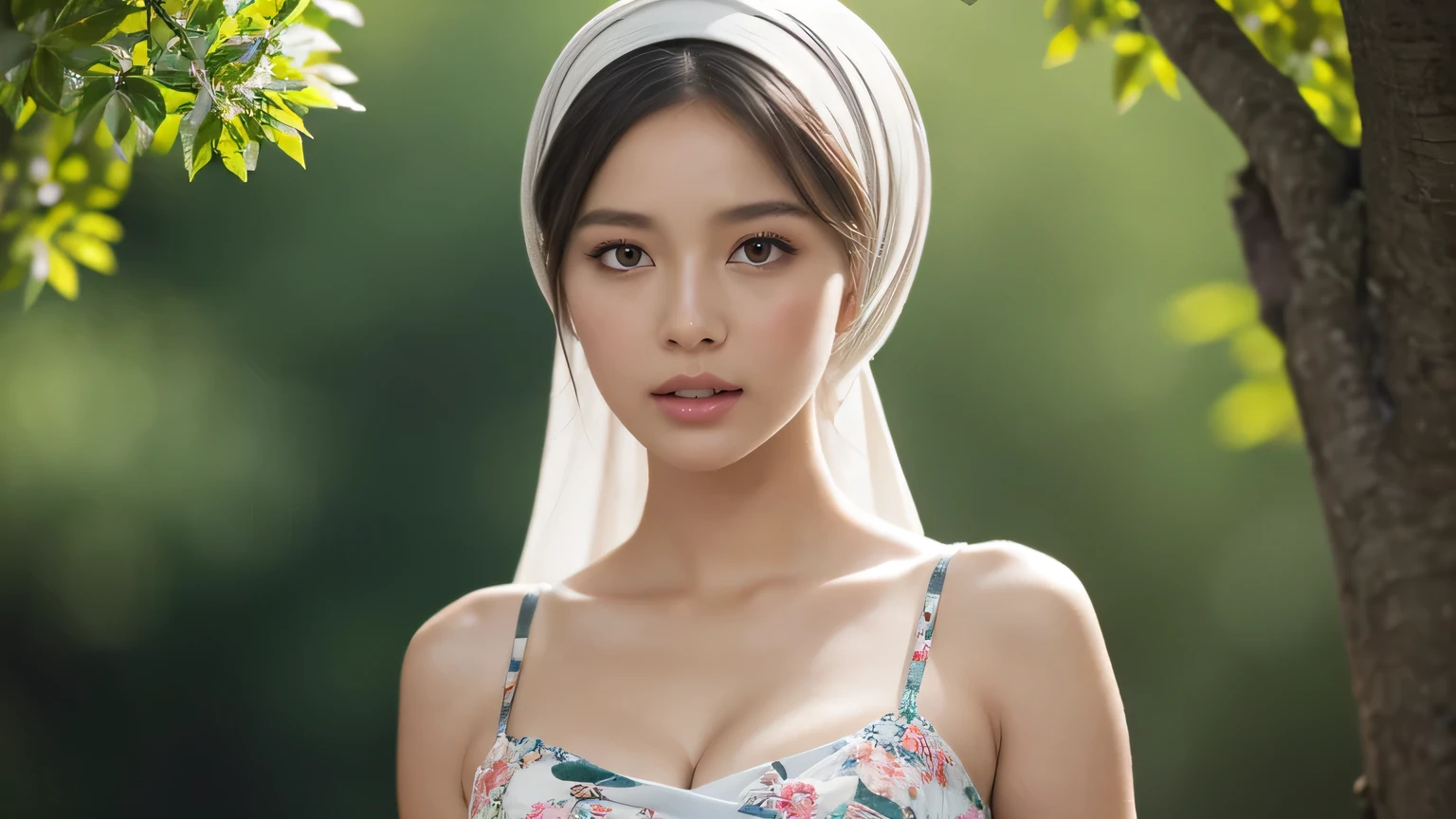 forest, , (Close-up of the painting style，Ultra HD 8K，Masterpiece grade CG wallpaper)，Cinematic lighting，cute girly，Delicate and beautiful face，Dreamy pupils，Wearing a small floral short summerdress,round waist,hijabi,Bust poem,Sit，Cloudy background,the trees,florals,summer,Chinese style buildings, cleavage, magical