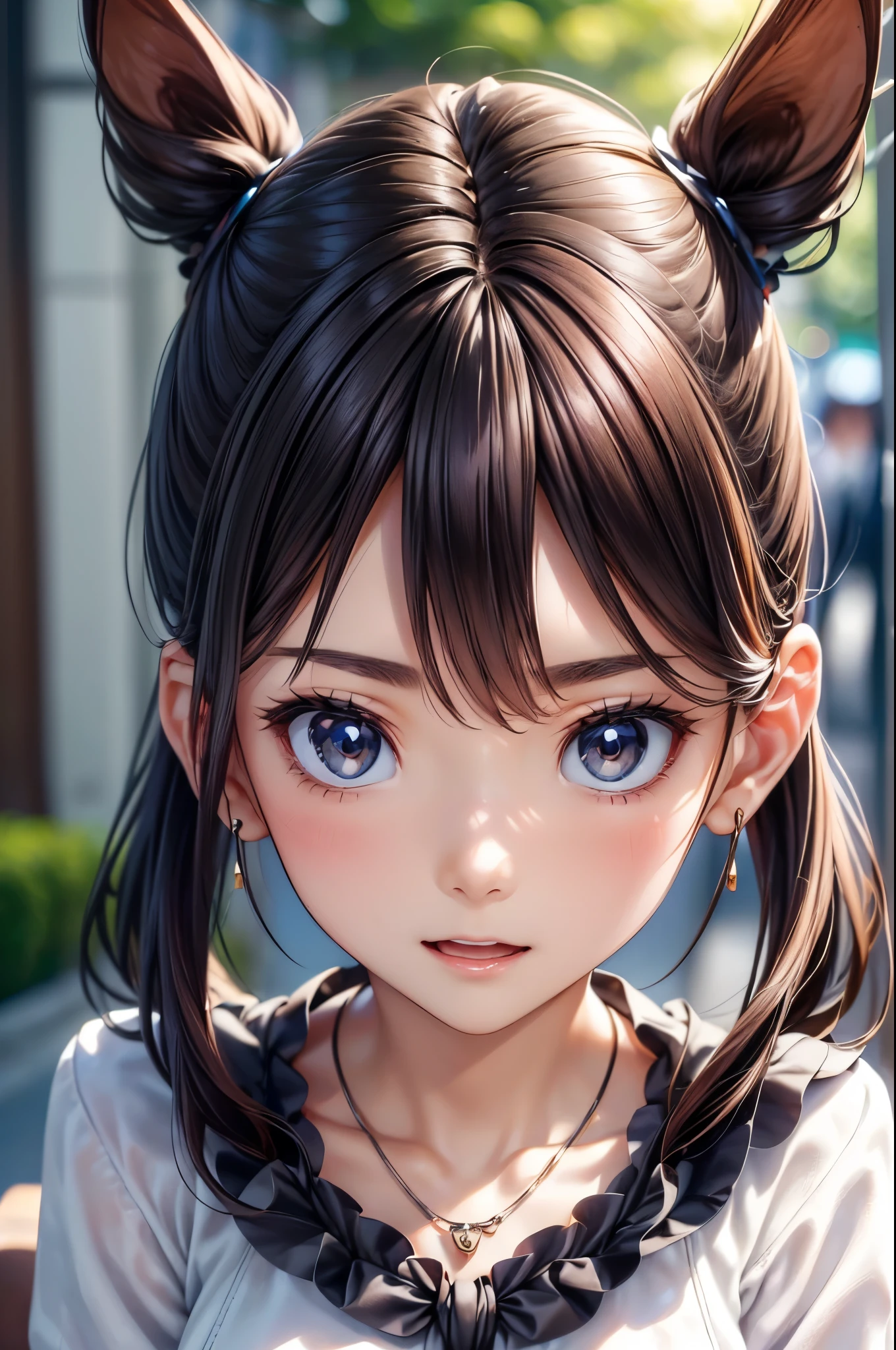 ((Biologically correct limb count))、(( From head to toe、Full-body photo including face))、4K、((Standing position))、masterpiece、((Focus on the face))、((Symmetrical facial features))、Detailed eyes、Beautiful adult woman、Excellent style、Beautiful arms、Beautiful feet、Beautiful Hands、(Small Ass、Thin thighs）、Detailed depiction of the face、Small earrings、necklace、(uniform、Skirt、High heels、stockings）、Face close-up、Surprise expression、The background is the park in the morning、Upper body close-up