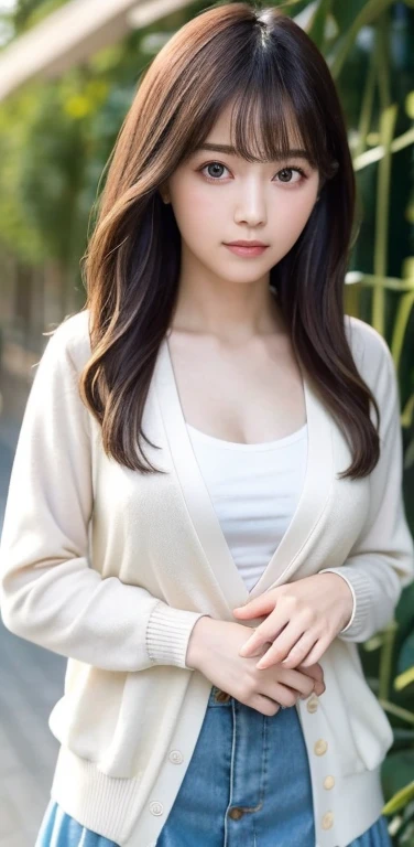 masterpiece, highest quality, 8k, 20th generation, Big Breasts, cute, alone, sad, cute, Girlish,cute 繊細な女の子, cute、Pure beauty, RAW Photos, Professional photography, Portraiture, Soft Light, Professional Lighting, Backlight, avert your eyes, Sophisticated, Film Grain, (Eye and facial details:1.0), Round face、Floating Hair, beautiful, Flowing hair, Asymmetrical bangs、(Big Breasts:1.0)、White cut and sew、pastel cardigan、Micro Mini Skirt、Voluptuous thighs、dolly make、Heterochromia iridis、Midsummer sky、Cumulonimbuidsummer Beach