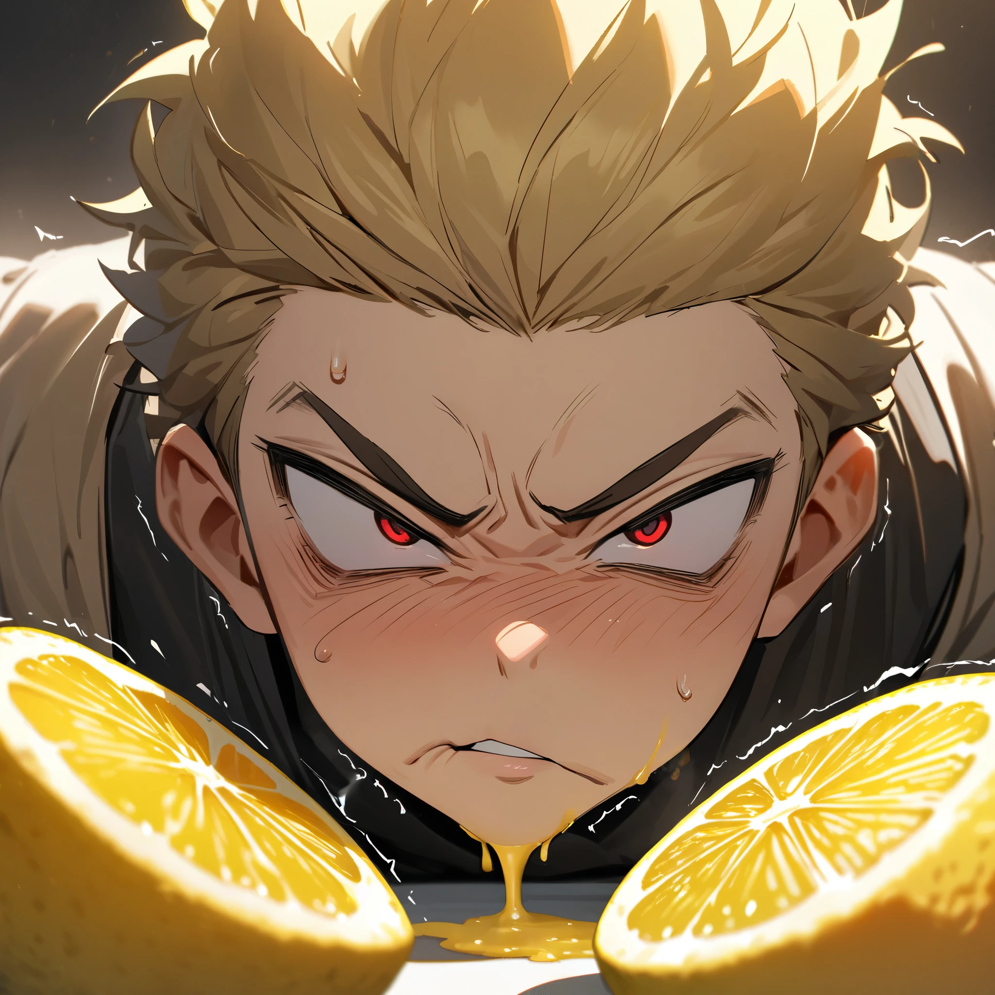 At the moment of challenging to eat lemon, Wang Xiaoming's expression became twisted, his furrowed eyebrows and narrowed eyes revealed sourness, his red eyes and tightly closed lips showed his efforts, and his trembling cheeks and open nostrils were symbols of his struggle against sourness. His face was full of shock and challenge, and the lemon yellow juice added liveliness and realism to the scene. His furrowed eyebrows, squinted eyes, reddish eyes, tightly closed lips, trembling cheeks, open nostrils, sour expression, twisted face, lemon yellow juice, shock and challenge, (masterpiece, best quality:1.2),8K, extremly detailed