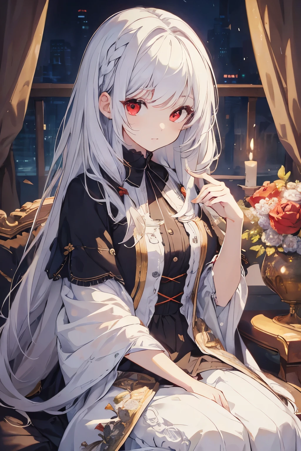 masterpiece、highest quality、highest quality、Hair quality and shine、Small face、Sitting、Very detailed, beautiful, Big eyes、Super detailed, clear and beautiful faces、(Cute illustrations:1.2), High resolution, Super detailed, highest quality, Embarrassing 、Red eyes、White Hair