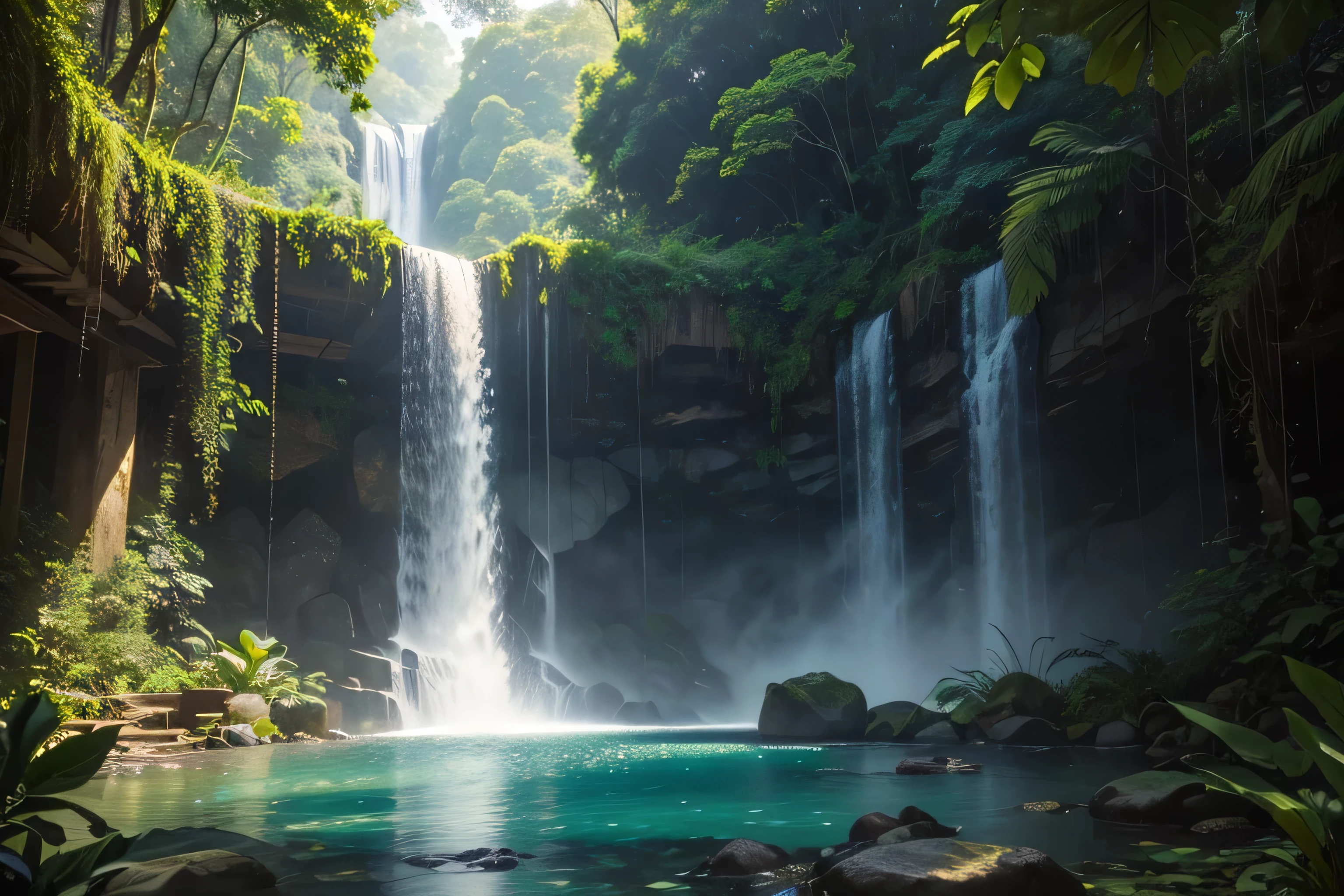 "A dense, tropical rainforest with towering trees covered in vines and epiphytes, a sparkling waterfall cascading into a clear pool, and vibrant foliage creating a scene of pure natural beauty."