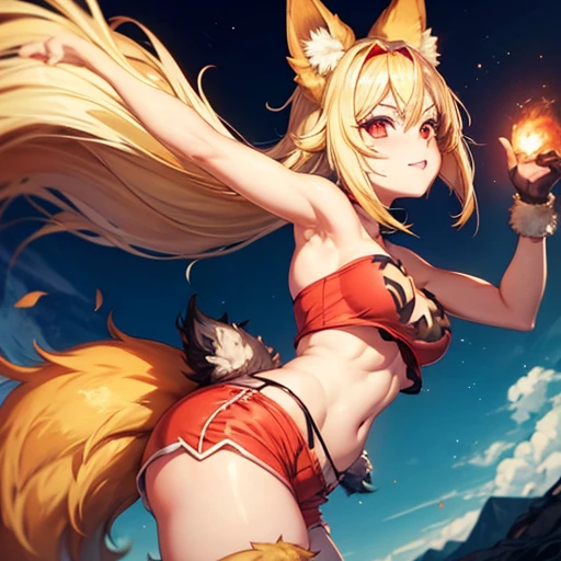 Blonde woman in tube top and hot pants Fox ears and tail Red Eye