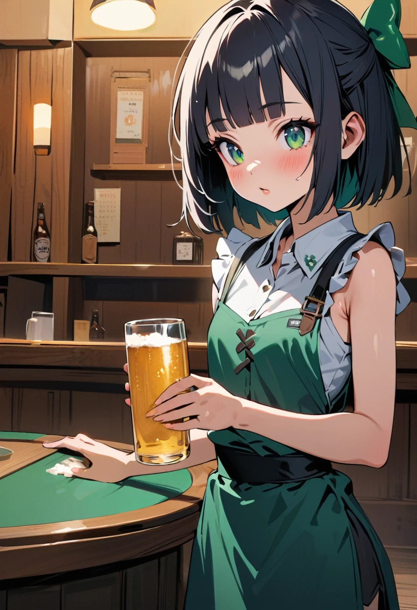 (Irish pub waitress),waitress trips and drops beer,japanese girl,14yo,cute,detailed face,Panic look,BREAK (navy hair),(wavy-short hair),parallel eyebrows,eyes with large irises,blunt bangs,fresh lips,small nose,(small breasts),small hip,(5feet tall)), pop (masterpiece, best quality:1.1),detailed hand,popart style,