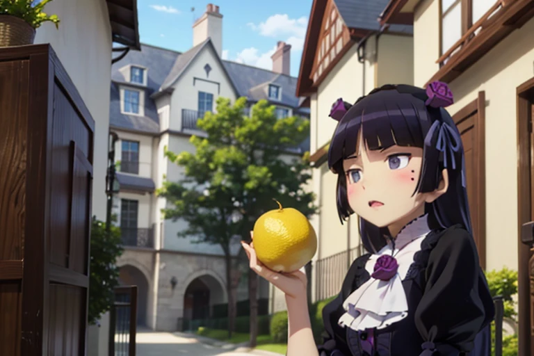 (ruri gokou), lemonをeat人, masterpiece, highest quality, One Girl, alone, Hime cut, Gothic Lolita, Lolita Fashion, head band, food, (lemon), 小さいlemon, (スライスされたlemon), (大量のlemon),  acidity, eat, middle ages, palace, fruit, parody, meme, upset