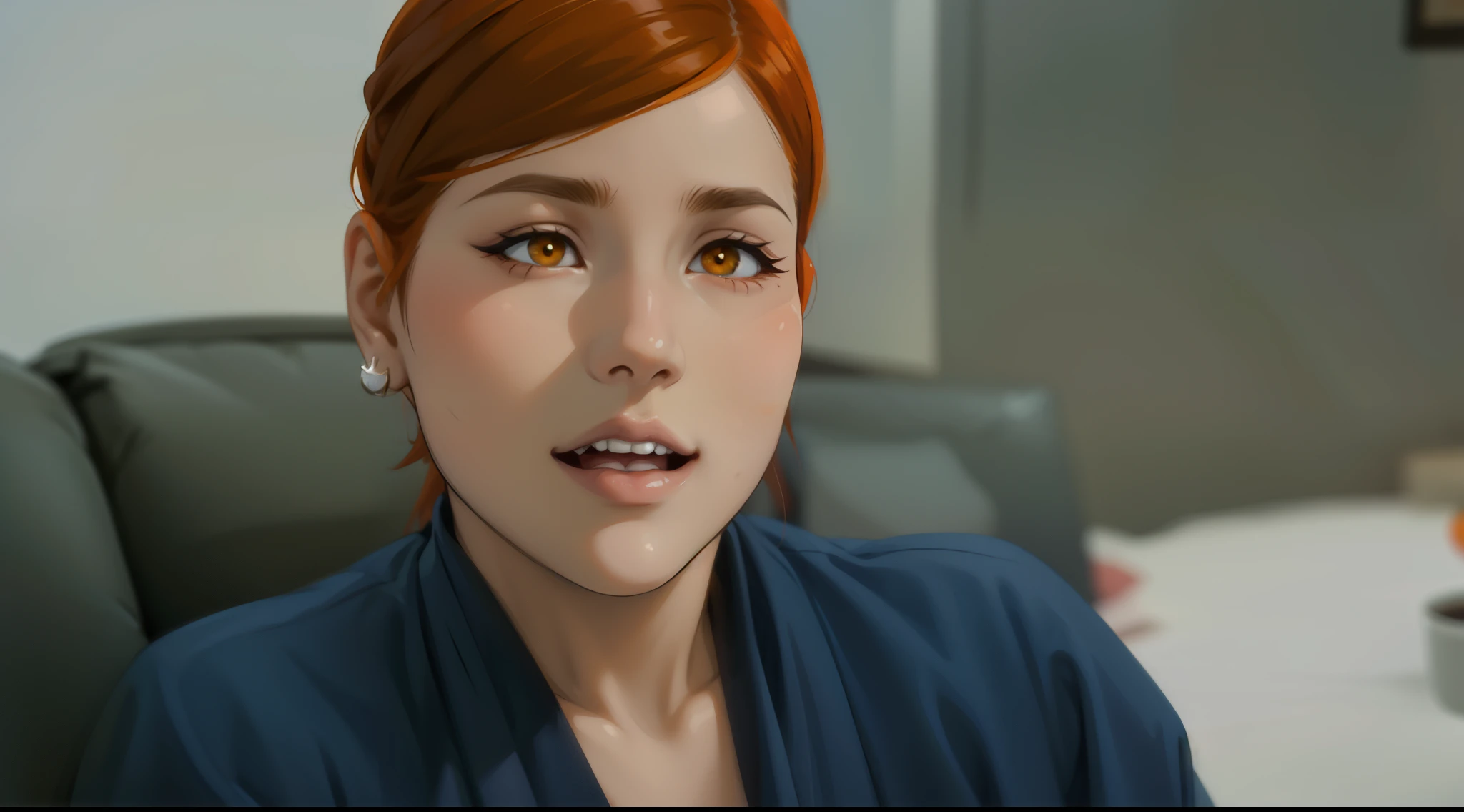 (estilo anime 2d plano)malvada mujer de mediana edad cabello naranja ojos de color naranja