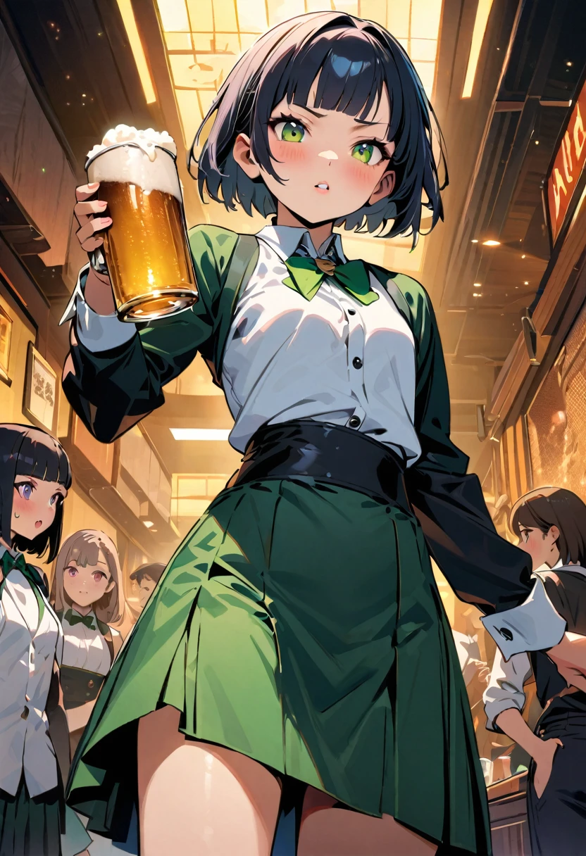 (Irish pub waitress),Waitress taking a beer barrel bath,japanese girl,,cute,detailed face,smile,BREAK (navy hair),(wavy-short hair),parallel eyebrows,eyes with large irises,blunt bangs,fresh lips,small nose,(small breasts),small hip,(5feet tall)), pop (masterpiece, best quality:1.1),detailed hand,popart style,