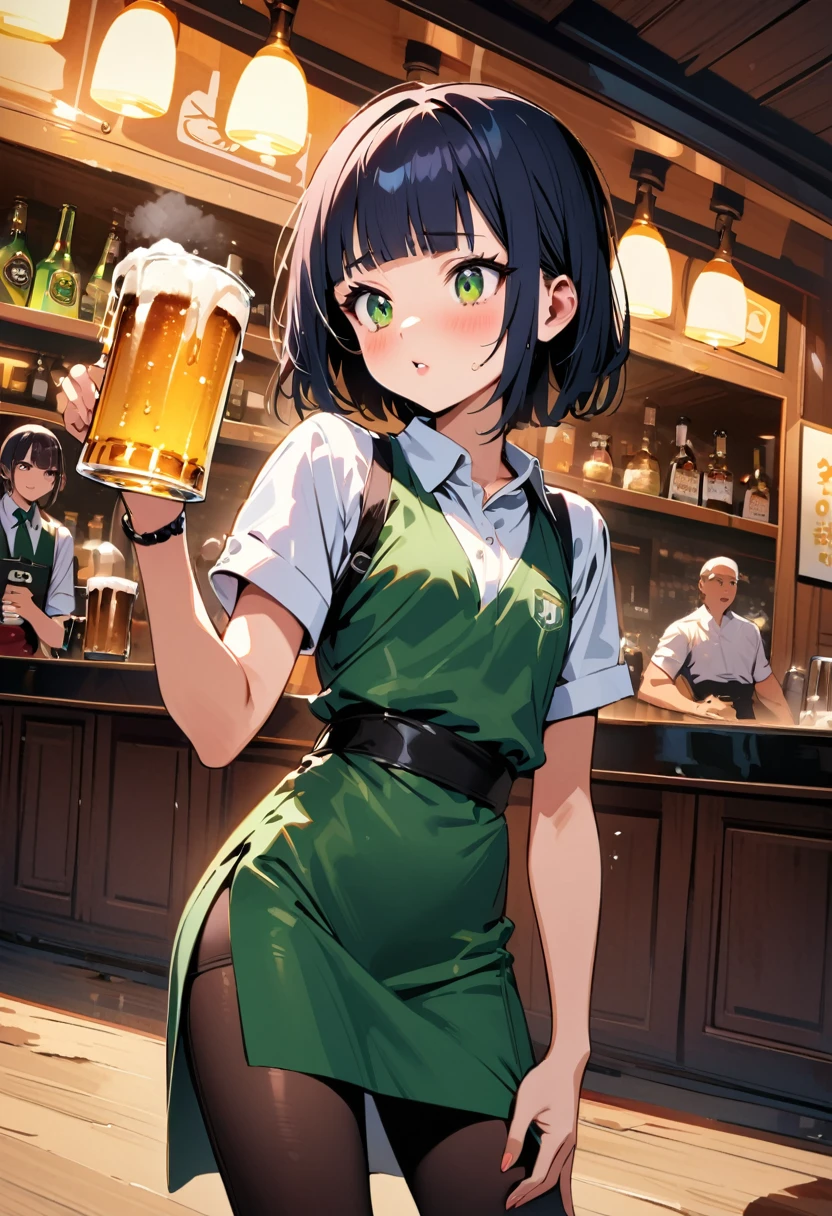 (Irish pub waitress),waitress trips and drops beer,japanese girl,,cute,detailed face,Panic look,BREAK (navy hair),(wavy-short hair),parallel eyebrows,eyes with large irises,blunt bangs,fresh lips,small nose,(small breasts),small hip,(5feet tall)), pop (masterpiece, best quality:1.1),detailed hand,popart style,