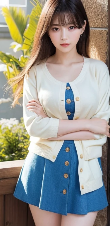 masterpiece, highest quality, 8k, 20th generation, Big Breasts, cute, alone, sad, cute, Girlish,cute 繊細な女の子, cute、Pure beauty, RAW Photos, Professional photography, Portraiture, Soft Light, Professional Lighting, Backlight, avert your eyes, Sophisticated, Film Grain, (Eye and facial details:1.0), Round face、Floating Hair, beautiful, Flowing hair, Asymmetrical bangs、(Big Breasts:1.0)、White cut and sew、pastel cardigan、Micro Mini Skirt、Voluptuous thighs、dolly make、Heterochromia iridis、Midsummer sky、Cumulonimbuidsummer Beach