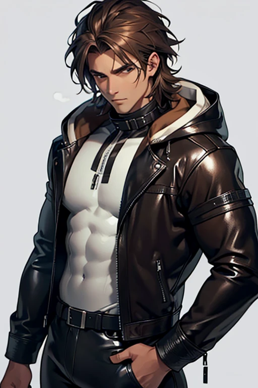 Man with wolf features muscular body messy brown hair black and brown latex suit leather jacket with hood with white fluff standing eyes