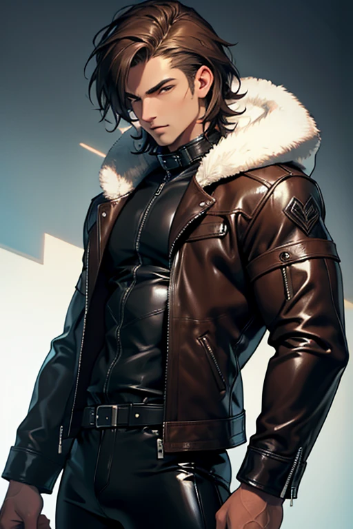 Man with wolf features muscular body messy brown hair black and brown latex suit leather jacket with hood with white fluff standing eyes