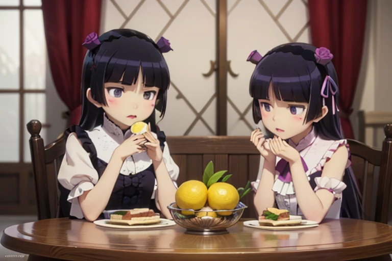 (ruri gokou), (lemonをeat人), masterpiece, highest quality, One Girl, alone, Hime cut, Gothic ****ta, ****ta Fashion, head band, food, (lemon), 小さいlemon, (スライスされたlemon), (大量のlemon),  table, acidity, eat, middle ages, palace, fruit, parody, meme, upset