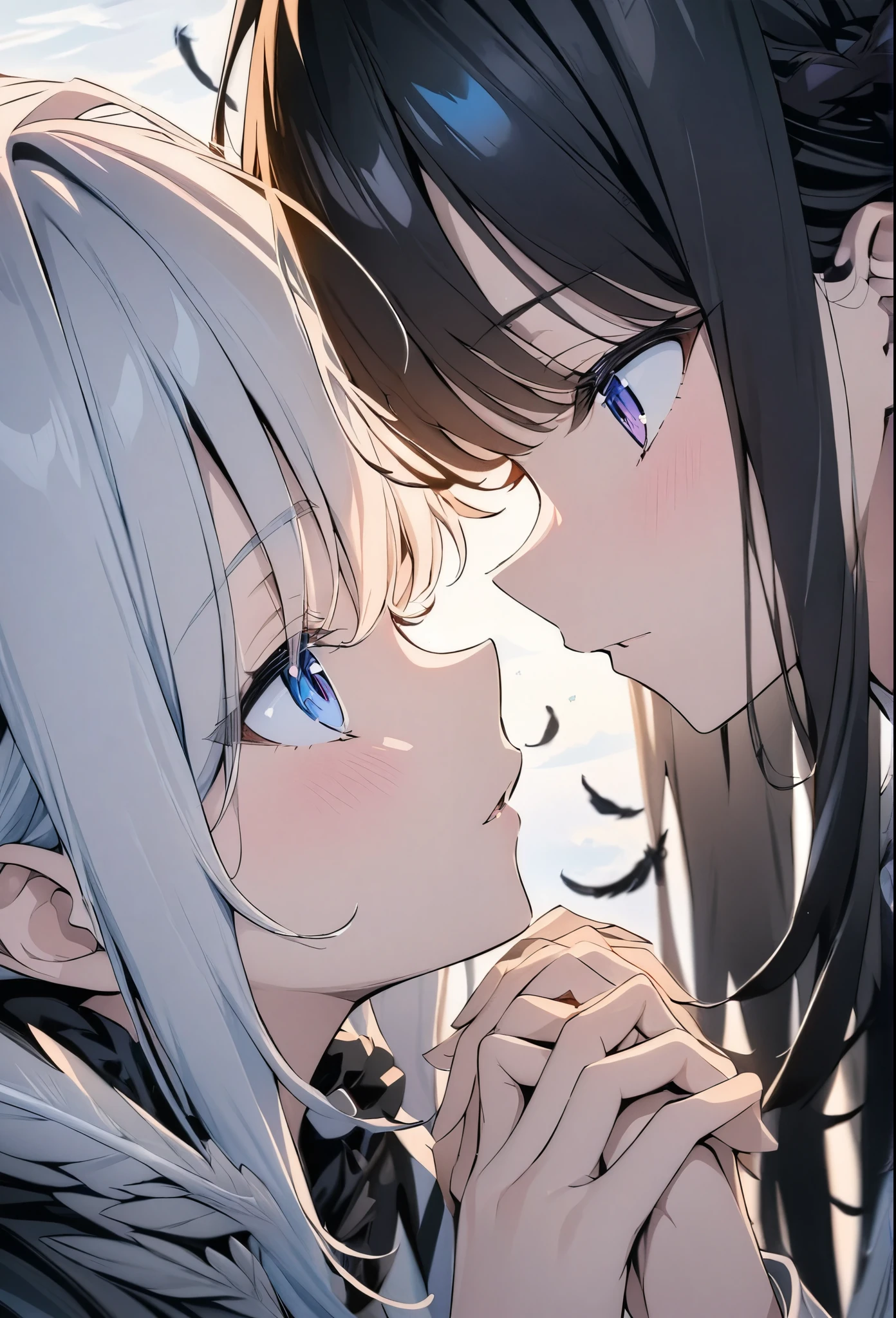 ((style:colored pencil,Pale colors)),(anime)、(masterpiece:1.2),White Winged Weather Black Winged Fallen Angel、Two Girls、Facing each other and holding hands、Contrast between black and white、Light production、Black and white feathers fluttering around