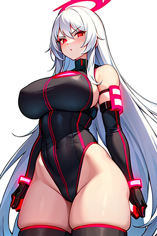 1girl, white hair, long hair, red eyes, serious, glowing eyes, large breasts, thick thighs, mature female, athletic female, toned, leotard, black leotard, thighhighs, belt, knife, tech, machinery, neon, futuristic, science-fiction, neon trim, neon light