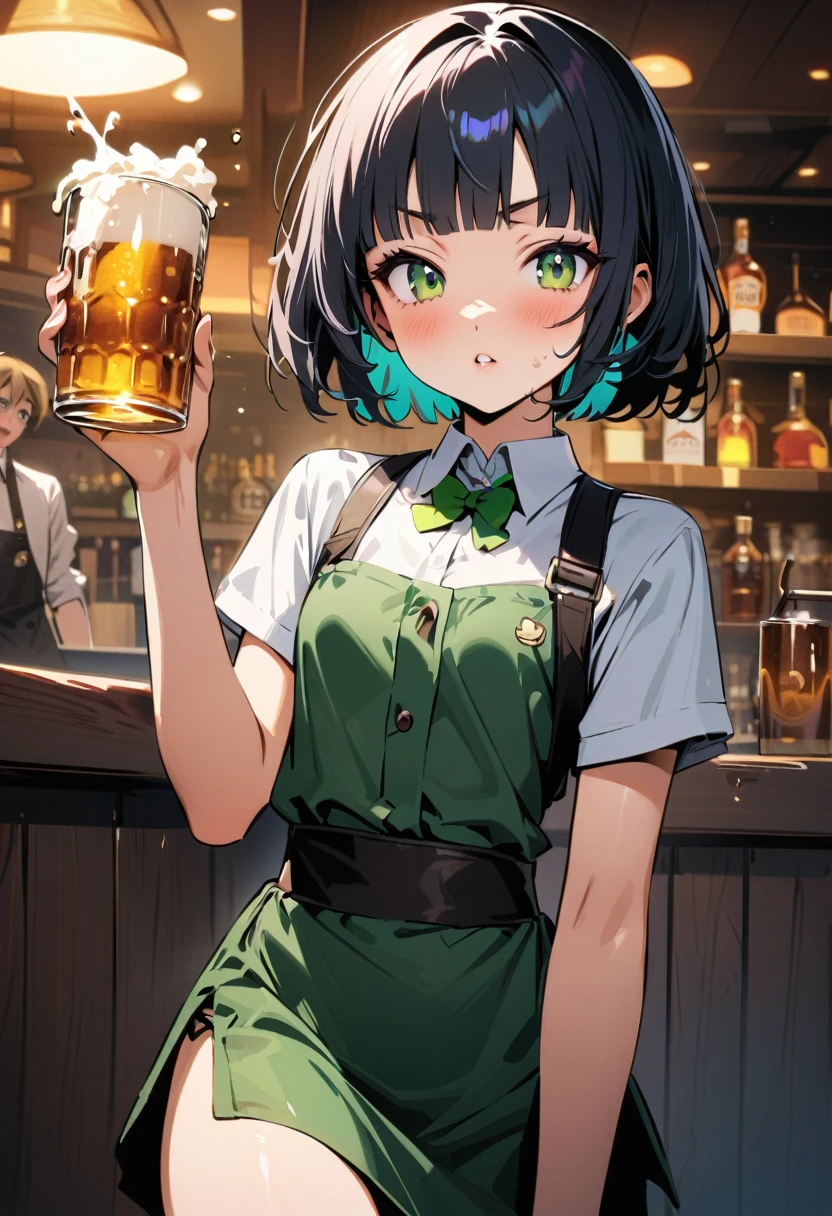 (Irish pub waitress),A waitress who splashed beer on a customer,japanese girl,14yo,cute,detailed face,Panic look,BREAK (navy hair),(wavy-short hair),parallel eyebrows,eyes with large irises,blunt bangs,fresh lips,small nose,(small breasts),small hip,(5feet tall)), pop (masterpiece, best quality:1.1),detailed hand,popart style,