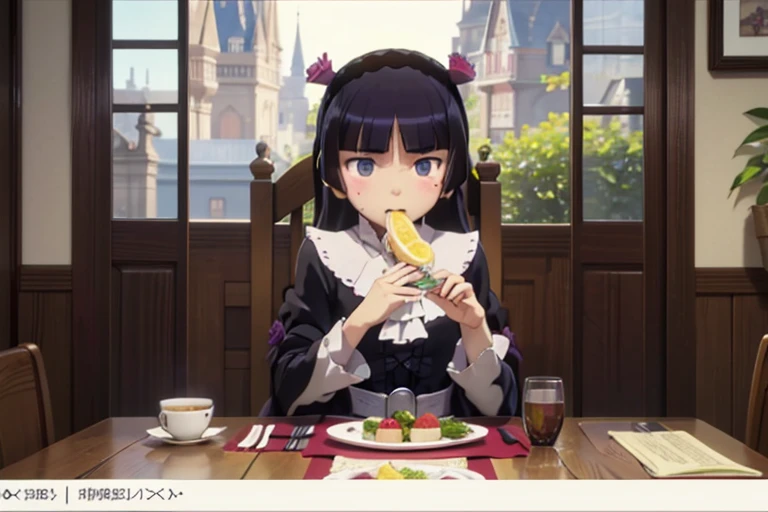 (ruri gokou), (lemonをeat人), masterpiece, highest quality, One Girl, alone, Hime cut, Gothic ****ta, ****ta Fashion, head band, food, (lemon), 小さいlemon, (スライスされたlemon), (大量のlemon),  table, acidity, eat, middle ages, palace, fruit, parody, meme, upset