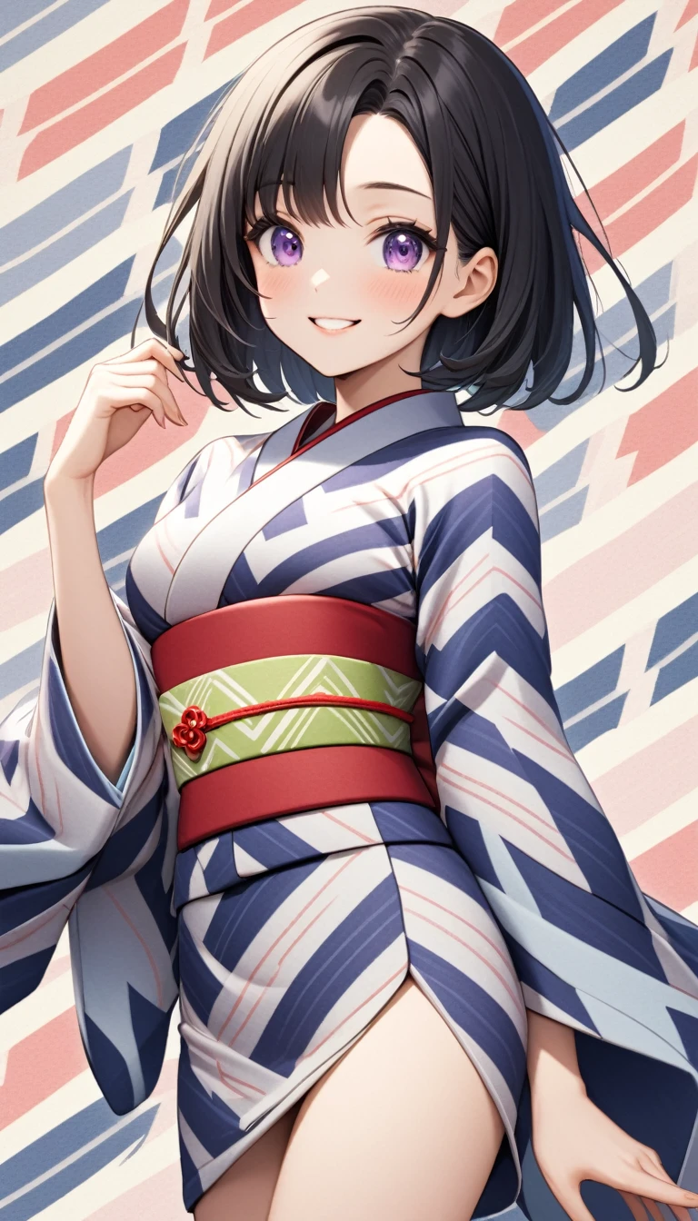 1girl,one length bob cut hair,parted bangs,black hair,purple eyes,kind smile,medium breasts,kimono,yagasuri,cowboy shot,