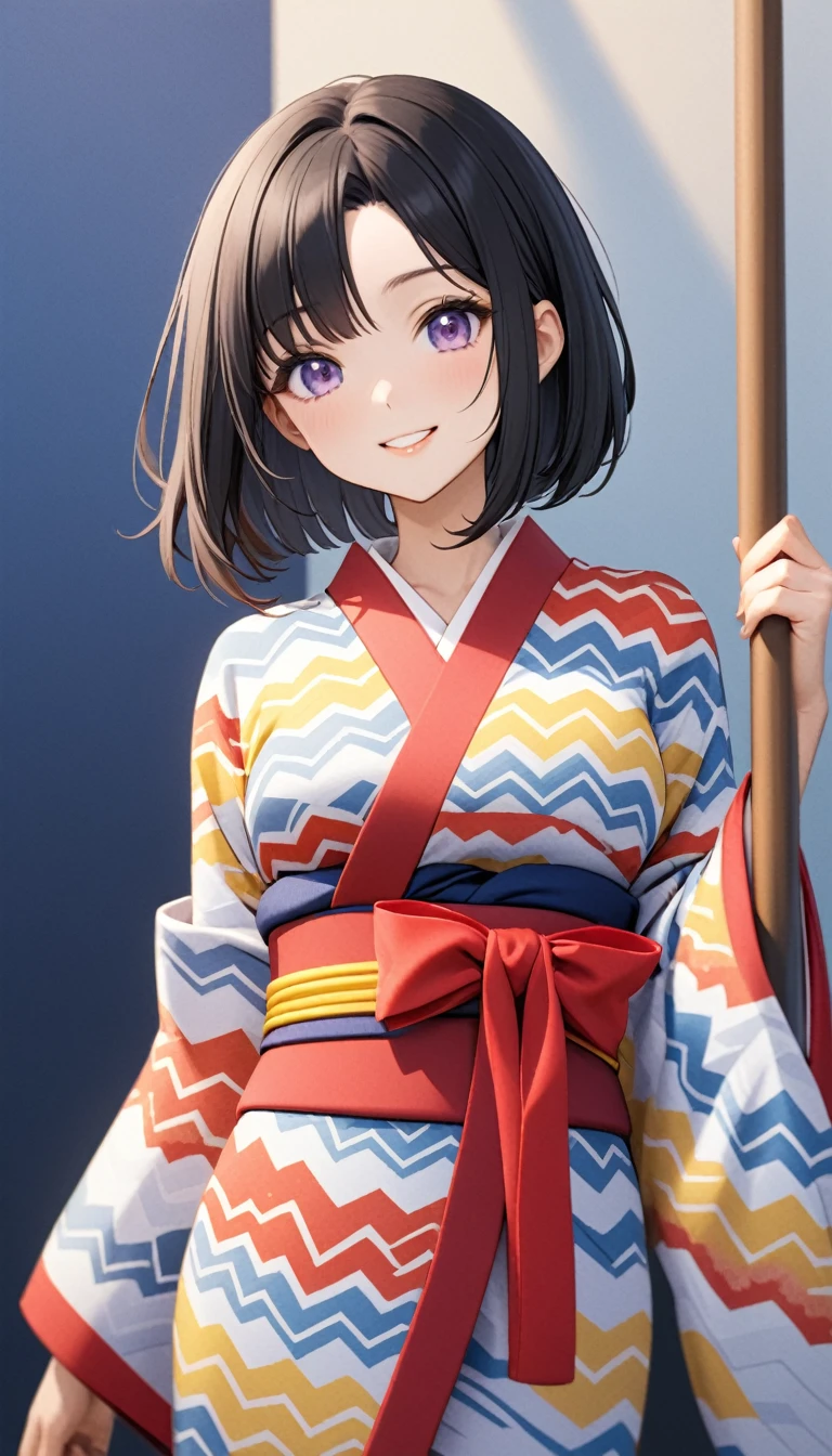 1girl,one length bob cut hair,parted bangs,black hair,purple eyes,kind smile,medium breasts,kimono,yagasuri,cowboy shot,