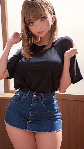 Tabletop, highest quality, shape, Very detailed, In detail, High resolution, 8k wallpaper, Sexy Big 、Bold sexy pose、A 13-year-old beautiful girl with a sexy and cute expression, beautiful and sexy face、A strong wind blows my hair in front of my face、With short blonde hair、beautiful, Cute and sexy eyes hidden behind long bangs、Gal Coordination T-shirt,Micro Mini Skirt,