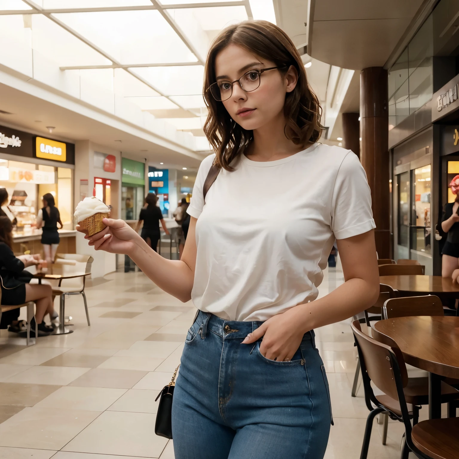 She is a woman in her twenties, with an appearance that combines the classic elegance of Jenna Coleman with the touch of determination of Resident Evil's Jill Valentine. Her brown hair falls in soft curls, framing a delicate face adorned with expressive, penetrating eyes. She wears slightly thick glasses that add an intellectual charm to her look. She wears a basic white shirt and jeans. Her posture is confident, and her presence radiates a mixture of intelligence, courage and grace. She is eating ice cream in the mall's food court