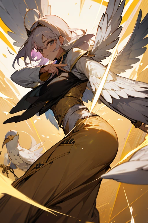 aarakocra, com asas azuis, com um cajado dourado, uma arma na cintura, uma camisa reta colada, cabelos pretos, olhos preto, shape em v, homem parecido com mulher