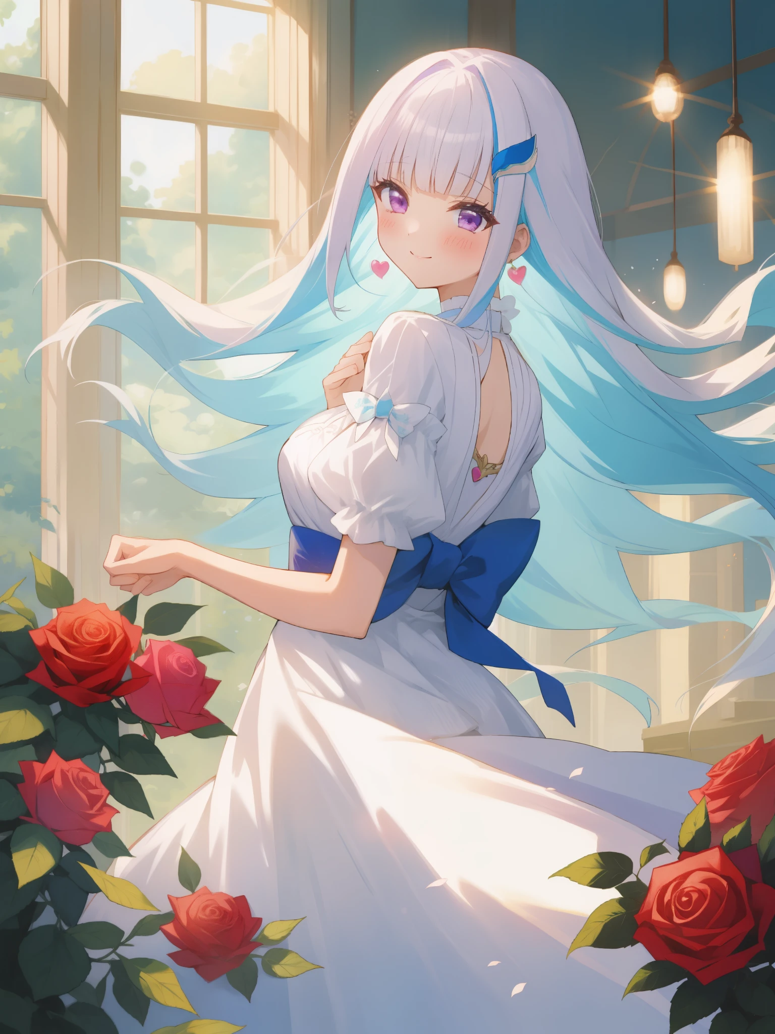 A beautiful anime-style illustration of a girl with long white hair and striking violet eyes, adorned with a blue hairpin. She is surrounded by a vibrant and colorful bouquet of flowers including roses and other blossoms, giving a cheerful and bright atmosphere. The background includes decorative elements like heart-shaped balloons, a fruit tart on a table, and wrapped gifts, suggesting a celebration or party setting. The scene is well-lit with soft, natural light coming through large windows, adding to the overall warm and festive mood.