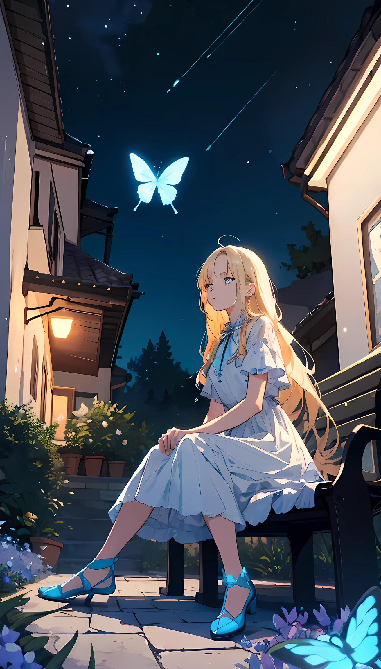 A girl with very long blonde hair sitting serenely on a bench out front of her house dressed in a white cololor sparkling dress with glowing light blue accessories and light blue glowing flowers and butterflies at night near a beautiful house