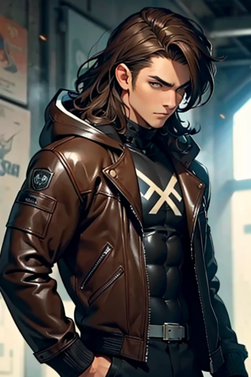 Man with wolf features muscular body messy brown hair black and brown latex suit leather jacket with hood with white fluff standing eyes
