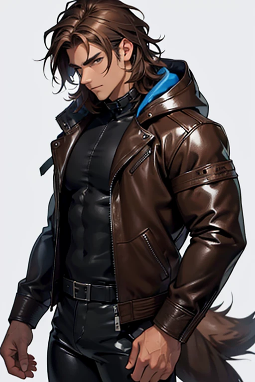 Man with wolf features muscular body messy brown hair black and brown latex suit leather jacket with hood with white fluff standing eyes