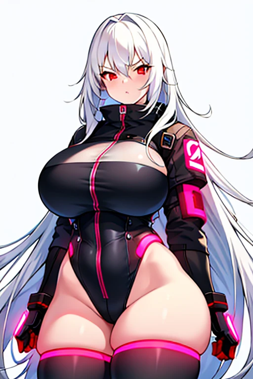 1girl, white hair, long hair, red eyes, serious, glowing eyes, large breasts, thick thighs, mature female, athletic female, toned, leotard, black leotard, thighhighs, belt, knife, tech, machinery, neon, futuristic, science-fiction, neon trim, neon light