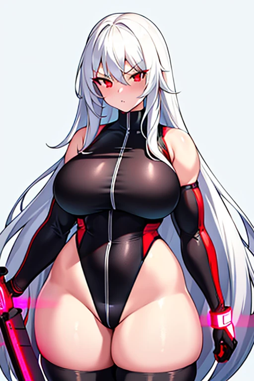 1girl, white hair, long hair, red eyes, serious, glowing eyes, large breasts, thick thighs, mature female, athletic  female, toned, leotard, black leotard, thighhighs, belt, knife, tech, machinery, neon, futuristic, science-fiction, neon trim, neon light