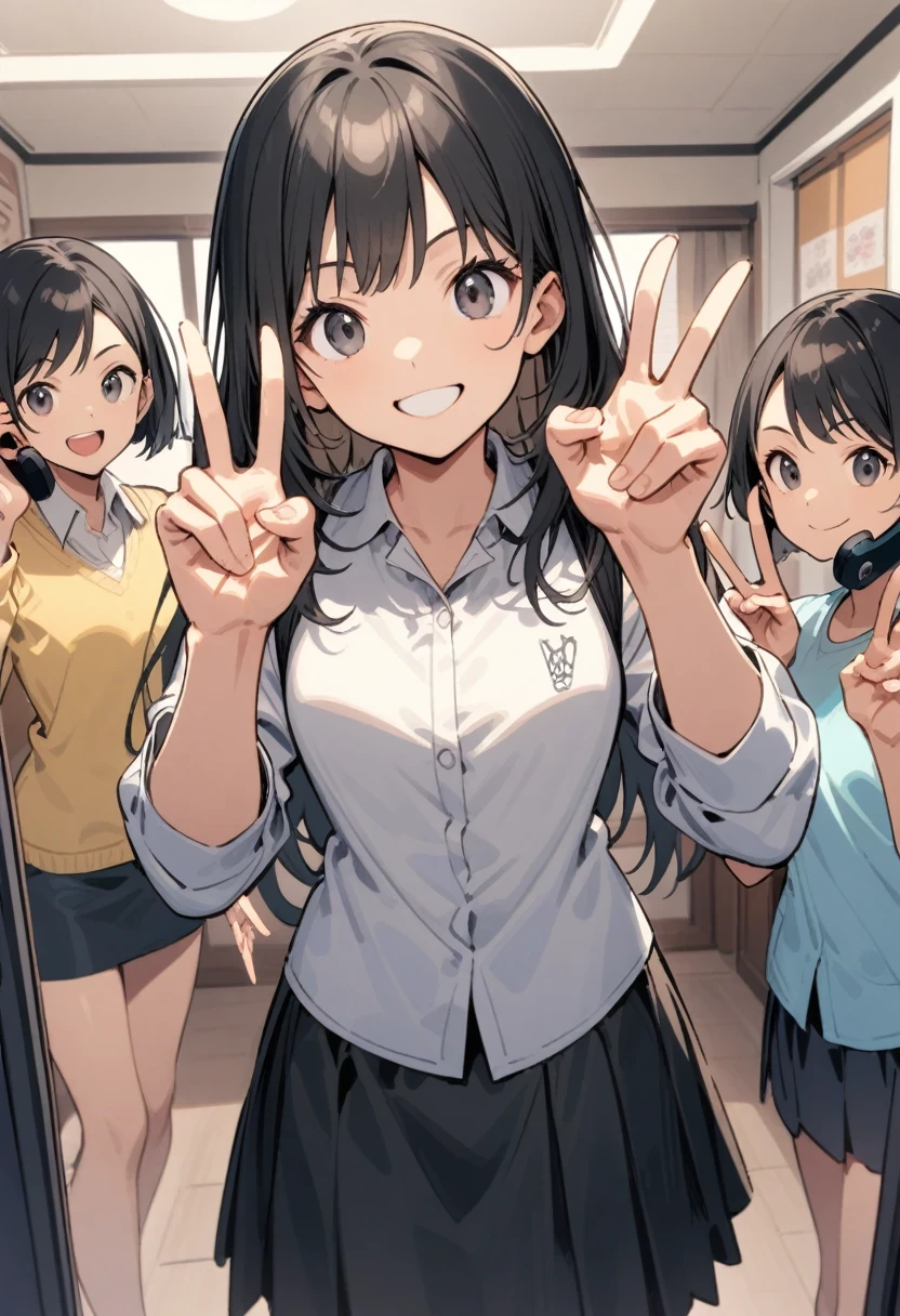 A confident smile, two students demonstrating a gesture commonly associated with a peace sign while speaking by telephone, skirt, black hair, indoors, v, phone, shirt, ((((complete five fingers))))