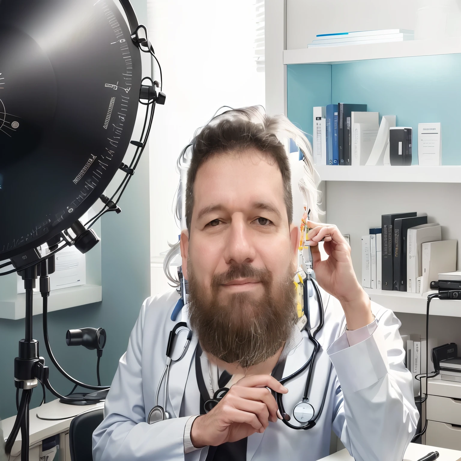 Create a photo of a doctor in an office with a Littmann black stethoscope around his neck and wearing presbyopia glasses
