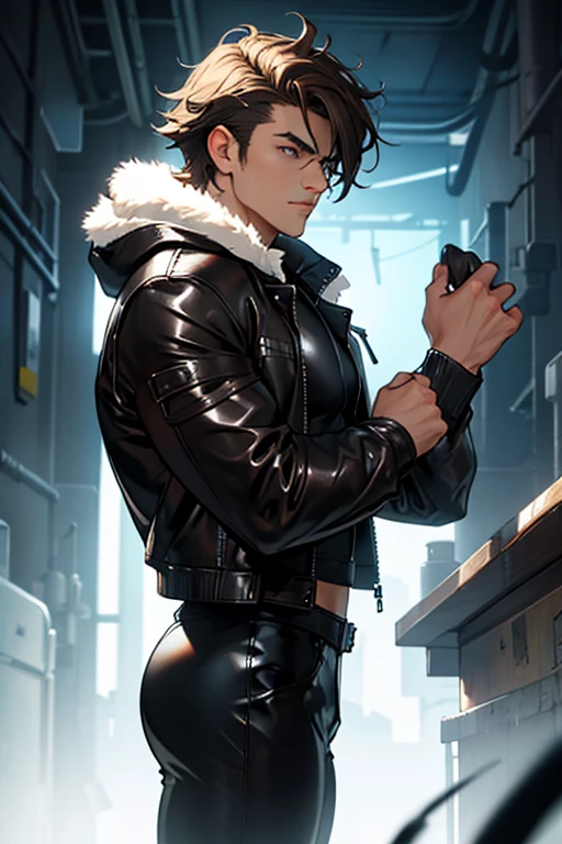 Man with wolf features muscular body short brown hair messy black and brown latex suit leather jacket with hood with white fluff standing eyes