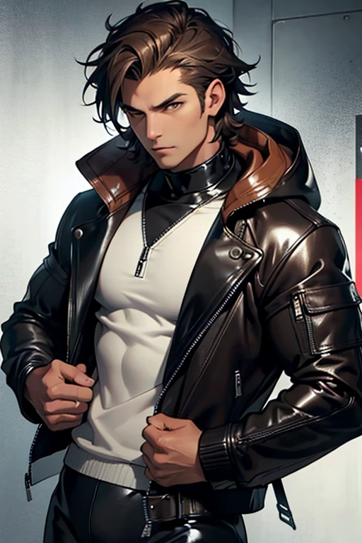 Man with wolf features muscular body short brown hair messy black and brown latex suit leather jacket with hood with white fluff standing eyes