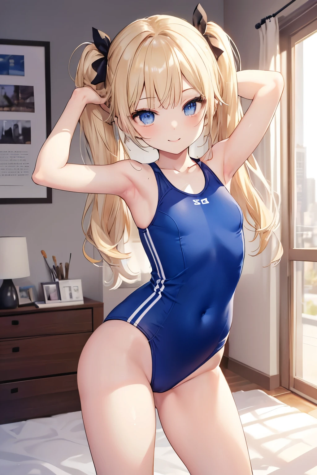 Blonde、Blue Eyes、girl、Small breasts、Twin tails、girl、Small breasts、ta、Bright smile、Looks about 15 yan Musume、He is short、Eye highlights、Sexy thighs、room、Sportswear、Gymnastics、Armpit Show