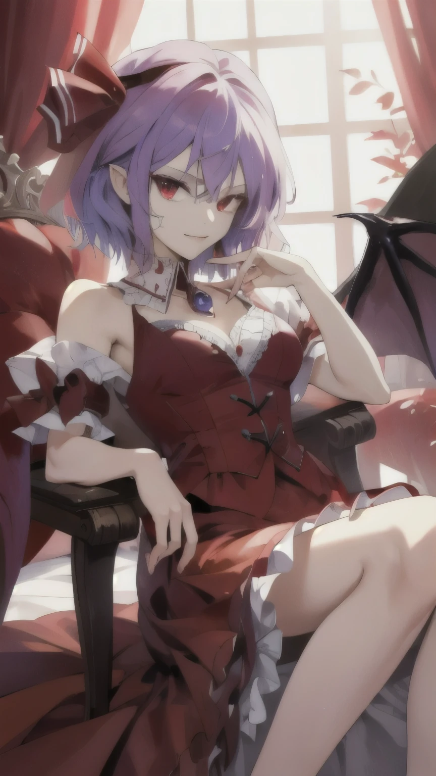 ((Highest quality)), ((masterpiece)), (detailed),Remilia Scarlet blackThong short hair 1 person Sitting with legs apart beauty
