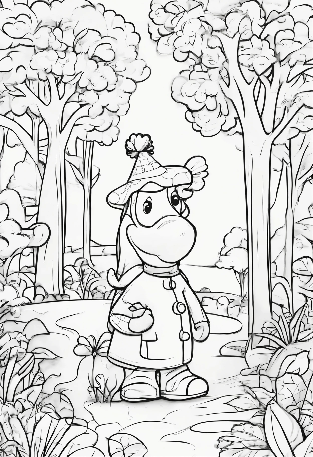 Create a whimsical illustration of Alfie, a cute and curious character, standing next to a large, magical apple tree with glowing apples. Next to Alfie is Allie the Alligator, a friendly and approachable alligator with a big smile. The background is an enchanted forest with vibrant colors, magical plants, and a bright sky. The illustration should be line art suitable for coloring, with clear and simple lines to make it easy for children to color in.