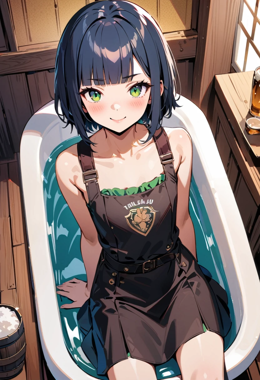 (Irish pub waitress),Waitress uses beer barrel as bathtub,japanese girl,14yo,cute,detailed face,smile,BREAK (navy hair),(wavy-short hair),parallel eyebrows,eyes with large irises,blunt bangs,fresh lips,small nose,(small breasts),small hip,(5feet tall)), pop (masterpiece, best quality:1.1),detailed hand,popart style,