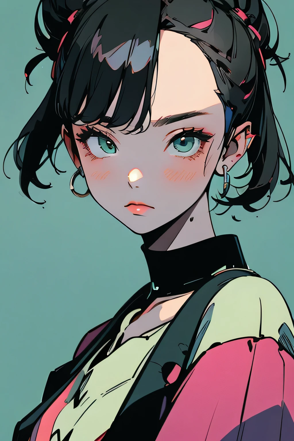 beautiful, masterpiece, best quality, extremely detailed face, perfect lighting, 1girl, solo, sketch, marnie pokemon, asymmetrical bangs, green eyes, pink dress, black jacket