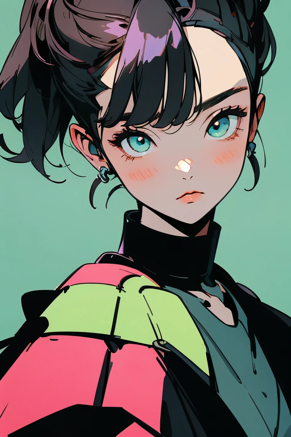 beautiful, masterpiece, best quality, extremely detailed face, perfect lighting, 1girl, solo, sketch, marnie pokemon, asymmetrical bangs, green eyes, pink dress, black jacket