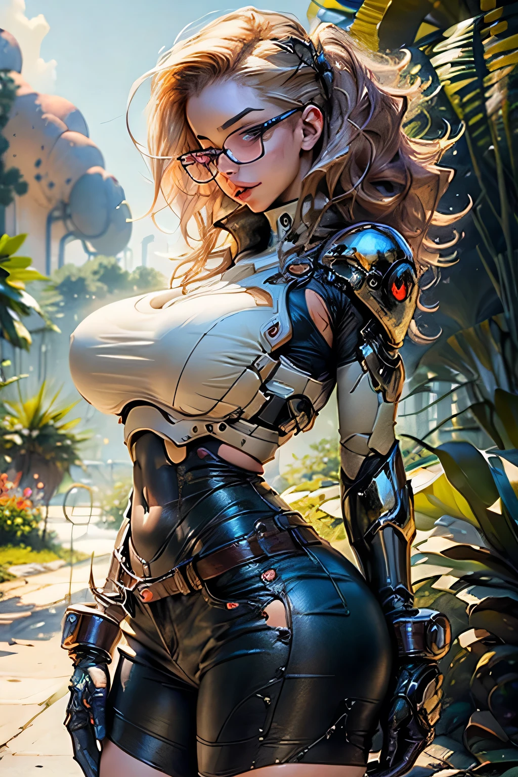 a beautiful woman, ((bionic arms and legs, metal prosthetics):1.5), large breasts, large breasts, thin waist, big ass, black alloy, wearing((steamy:1.2) (transparent:1.2) (white: 0.6) (chiffon) (crop top) grabbed (wet: 1.4) skin): 1.2))), provocative pose, open legs, warm tone, groin focus, forest background, sitting on the stone