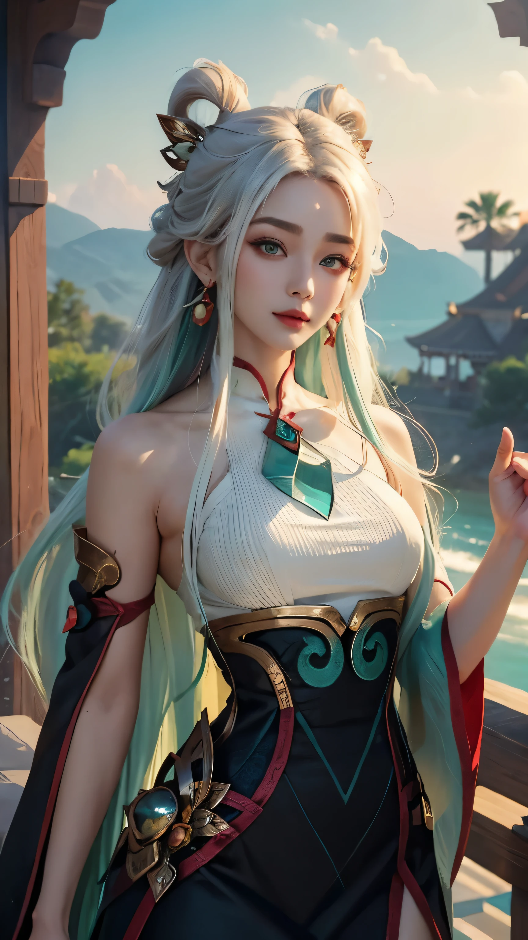 (masterpiece, best quality:1.2), intricate details, mythmaker irelia, 1girl, hair ornament, hair rings, bare shoulders, dress, detached sleeves, forehead mark, multicolored hair, white hair, earrings, green eyes, textured skin, looking at viewer, solo, light smile, (mature female:1.2)