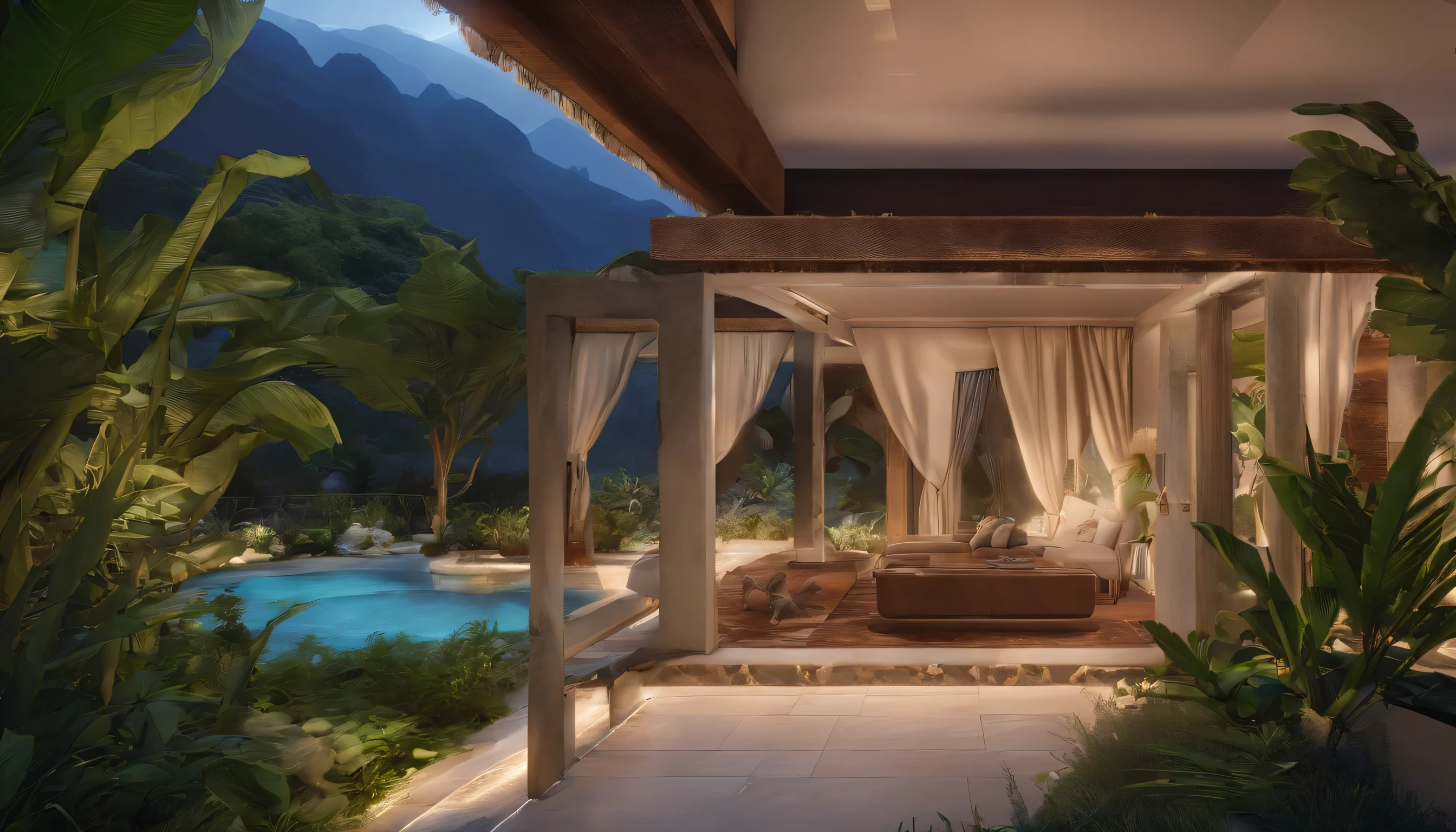 (((Tropical Evening))),((Hilltop House)),Mountains and sea in the distance,((((Aurora in a starry sky))))),Mystic Sea,4K,Ultra HD,Extravagant space,Ambient indirect lighting,Foliage plant,rich,rich,VIP,VIP Vast Sky, Colorful natural light