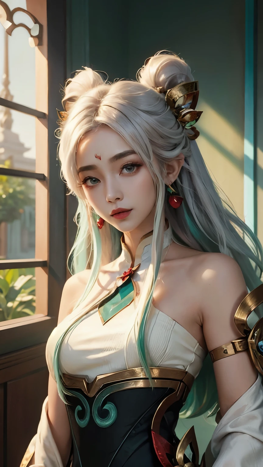 (masterpiece, best quality:1.2), intricate details, mythmaker irelia, 1girl, hair ornament, hair rings, bare shoulders, dress, detached sleeves, forehead mark, multicolored hair, white hair, earrings, green eyes, textured skin, looking at viewer, solo, light smile, (mature female:1.2)