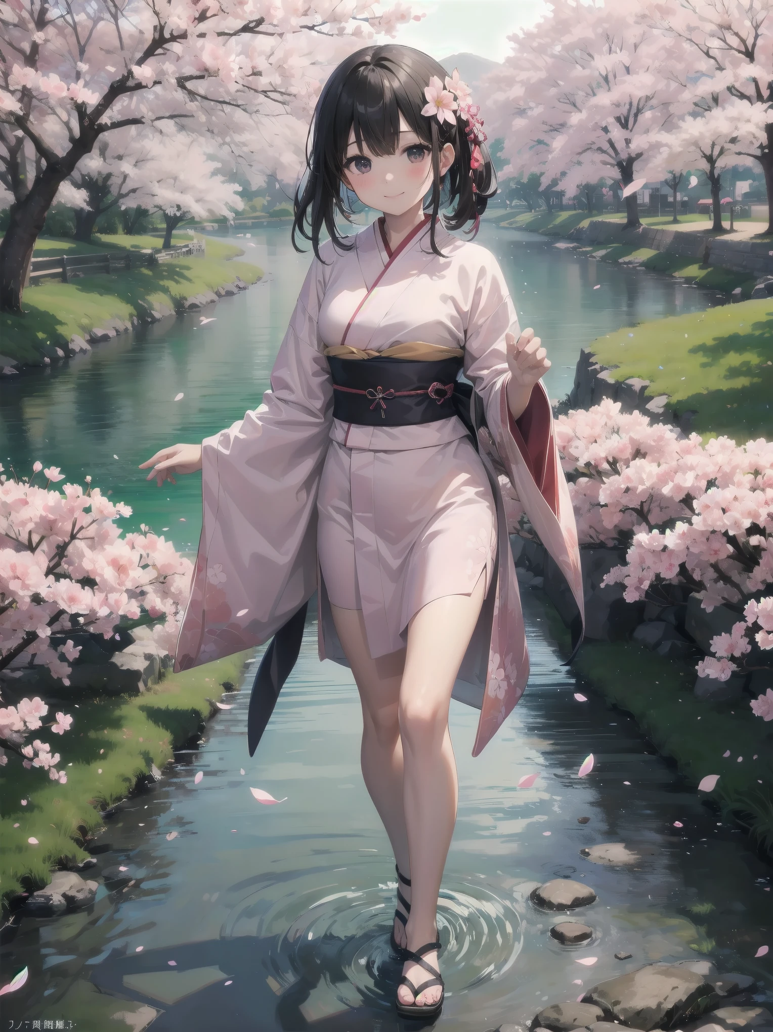 （Spring cherry blossoms and a woman、Long-sleeved kimono、Fluttering cherry blossom petals、walk along the riverside）
Spring by the river、Long-sleeved kimonoを纏った女性がFluttering cherry blossom petalsの中をゆっくりと歩いている。彼女のLong-sleeved kimonoが風に揺れ、Cherry blossom petals fly up around it。The sound of the river quietly echoes.、Her smile is shining brighter with the cherry blossom petals.。Long-sleeved kimonoの鮮やかな色が桜のピンクと調和し、Creating a beautiful spring scene。