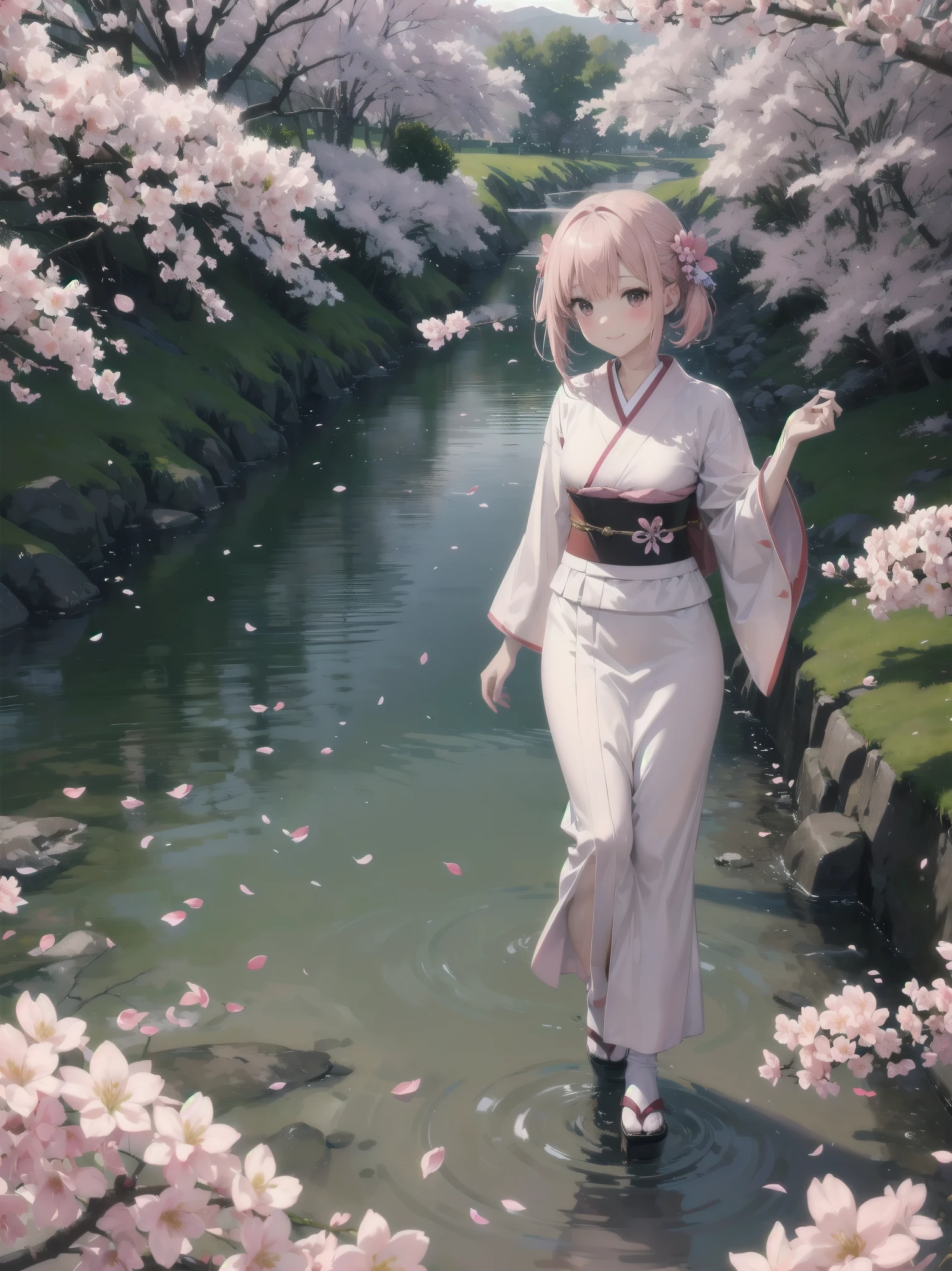 （Spring cherry blossoms and a woman、Long-sleeved kimono、Fluttering cherry blossom petals、walk along the riverside）
Spring by the river、Long-sleeved kimonoを纏った女性がFluttering cherry blossom petalsの中をゆっくりと歩いている。彼女のLong-sleeved kimonoが風に揺れ、Cherry blossom petals fly up around it。The sound of the river quietly echoes.、Her smile is shining brighter with the cherry blossom petals.。Long-sleeved kimonoの鮮やかな色が桜のピンクと調和し、Creating a beautiful spring scene。