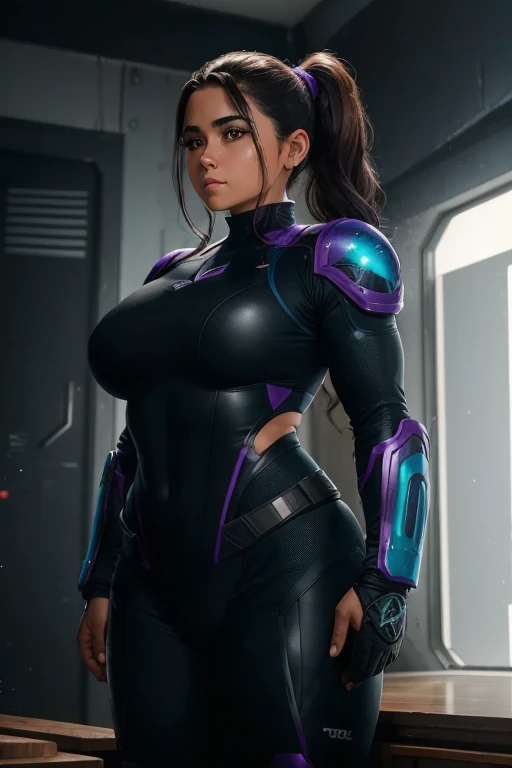 Average size breasts, traje y casco sellados sin dejar ver un centimetro de su piel o rostro, 18 years, She was never subjected to traditional physical training, only for the control of his combat suit since he believed in achieving objectives through science so his exceptional abilities were the result of scientific manipulation, so he does not have a toned body, rather a body a little over his ideal weight., but anyone could consider it as "gordita-buena", sexy, etc. Raven&#39;s suit designed by the experimentation center, It is designed to offer maximum protection and mobility. It is mainly composed of iron plates that cover the most vital areas, combinadas con secciones de goma especializadas que le otorgan flexibilidad. Estas coberturas flexibles no solo permiten una movilidad excepcional, They are also designed to resist bullets and knife cuts.. The suit is a dark metallic tone, with electric blue details that refer to its power. Raven tiene la habilidad de generar y manipular electricidad. Sin embargo, The experimentation center channeled its power in a controlled and precise manner through two power cables that emerged from the back of its helmet., a la altura de su nuca. These cables are connected to an internal system in his suit that allows electricity to be directed precisely., Raven no puede quitarse el traje o el casco.